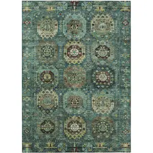 Photo of Teal Blue Brown And Taupe Medallion Washable Indoor Outdoor Area Rug