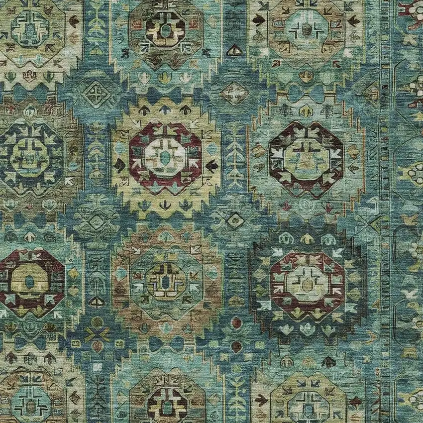 Teal Blue Brown And Taupe Medallion Washable Indoor Outdoor Area Rug Photo 4