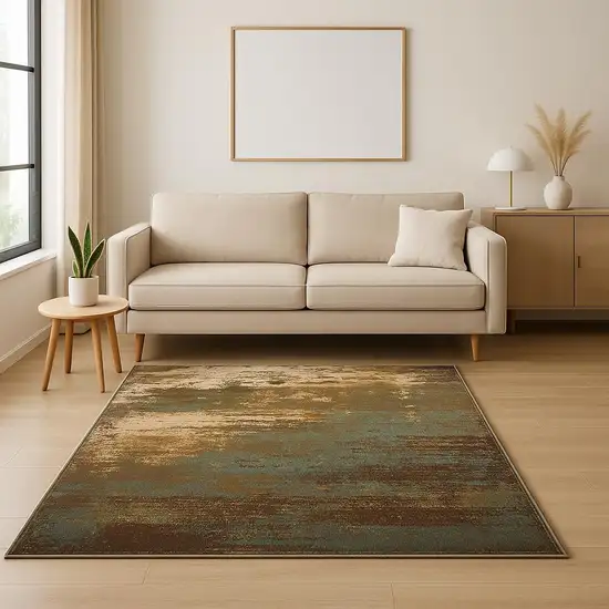 Teal Blue Brown Green And Beige Abstract Power Loom Stain Resistant Area Rug Photo 1