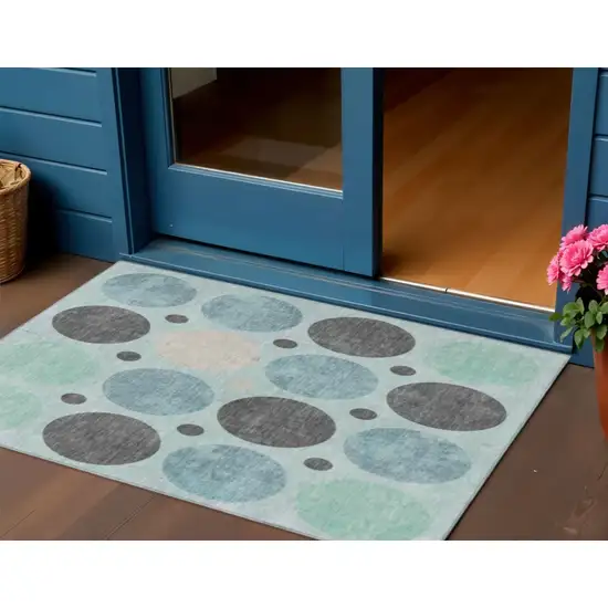Teal Blue Charcoal And Beige Geometric Washable Indoor Outdoor Area Rug Photo 2
