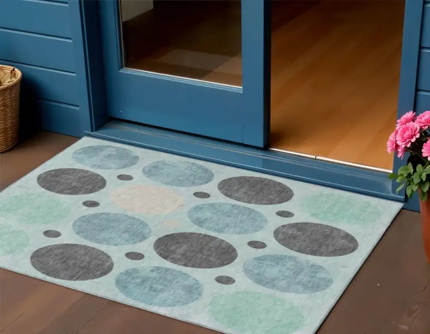 Teal Blue Charcoal And Beige Geometric Washable Indoor Outdoor Area Rug Photo 2