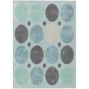 Photo of Teal Blue Charcoal And Beige Geometric Washable Indoor Outdoor Area Rug