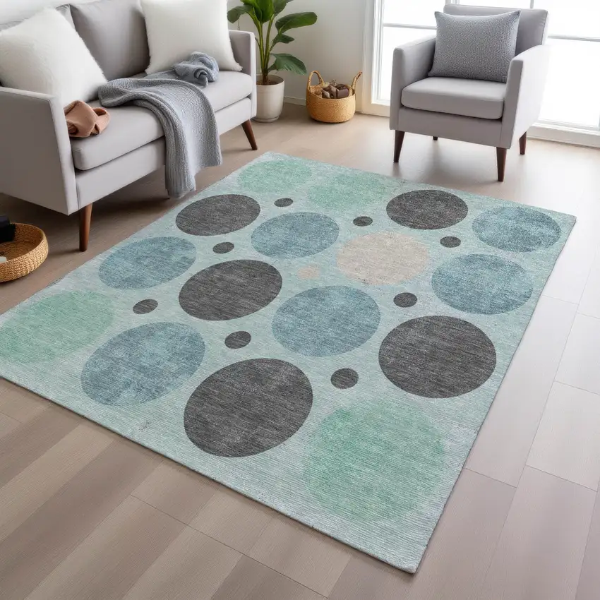 Teal Blue Charcoal And Beige Geometric Washable Indoor Outdoor Area Rug Photo 6