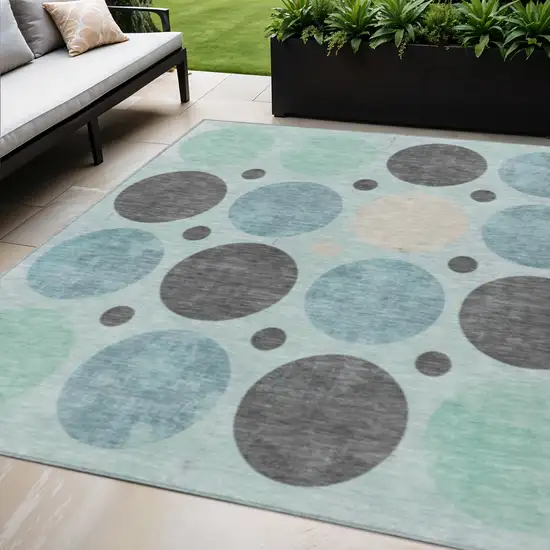 Teal Blue Charcoal And Beige Geometric Washable Indoor Outdoor Area Rug Photo 2