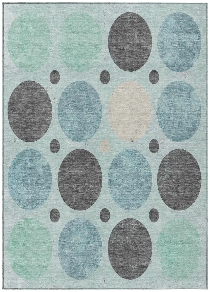 Teal Blue Charcoal And Beige Geometric Washable Indoor Outdoor Area Rug Photo 1