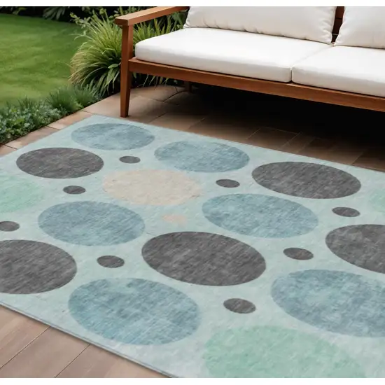 Teal Blue Charcoal And Beige Geometric Washable Indoor Outdoor Area Rug Photo 2