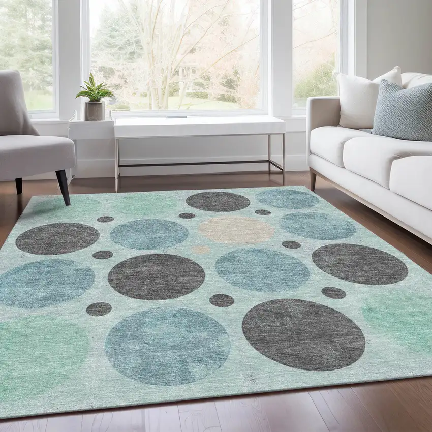 Teal Blue Charcoal And Beige Geometric Washable Indoor Outdoor Area Rug Photo 7