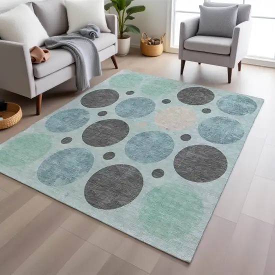 Teal Blue Charcoal And Beige Geometric Washable Indoor Outdoor Area Rug Photo 6