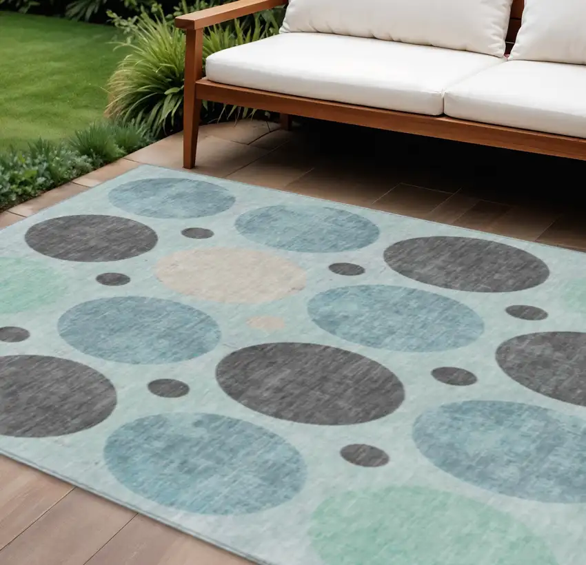Teal Blue Charcoal And Beige Geometric Washable Indoor Outdoor Area Rug Photo 2