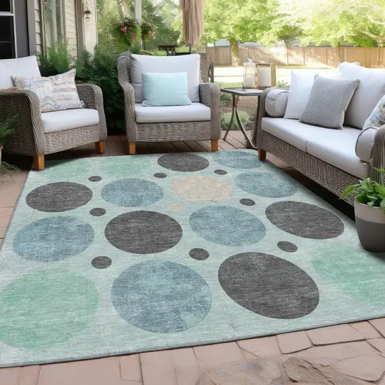 Teal Blue Charcoal And Beige Geometric Washable Indoor Outdoor Area Rug Photo 5