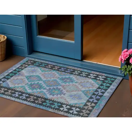 Teal Blue Charcoal And Copper Tribal Washable Indoor Outdoor Area Rug Photo 2