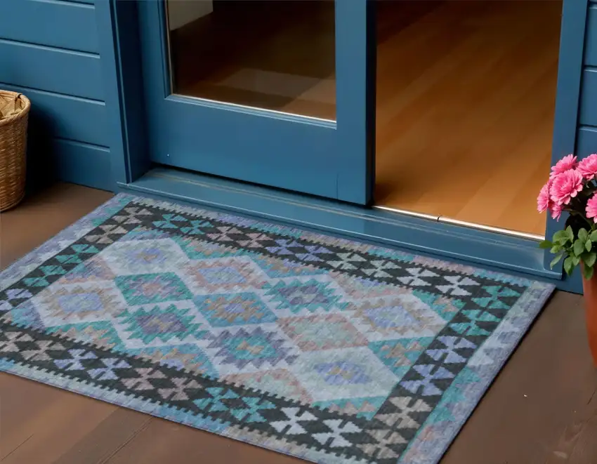 Teal Blue Charcoal And Copper Tribal Washable Indoor Outdoor Area Rug Photo 2