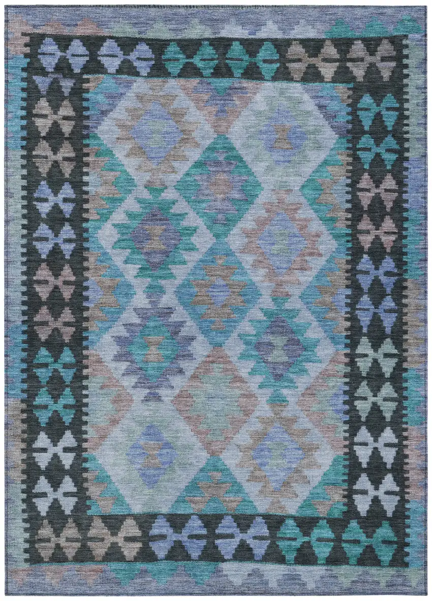 Teal Blue Charcoal And Copper Tribal Washable Indoor Outdoor Area Rug Photo 1