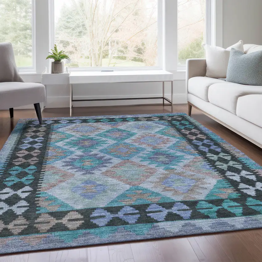 Teal Blue Charcoal And Copper Tribal Washable Indoor Outdoor Area Rug Photo 7