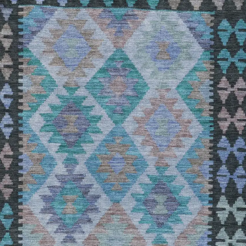 Teal Blue Charcoal And Copper Tribal Washable Indoor Outdoor Area Rug Photo 3