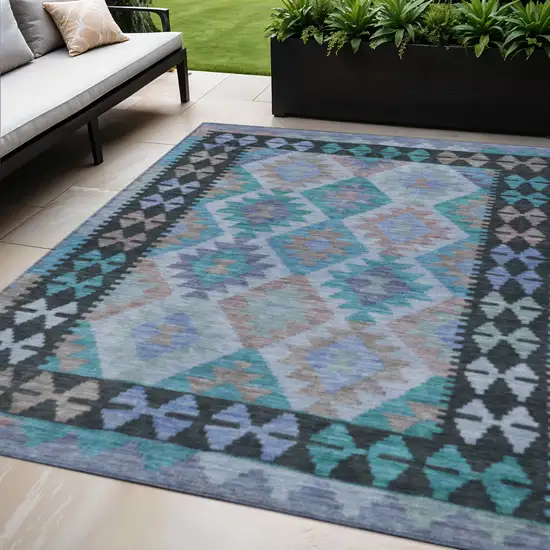 Teal Blue Charcoal And Copper Tribal Washable Indoor Outdoor Area Rug Photo 2