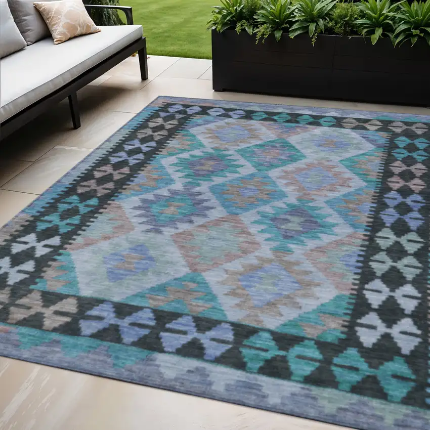 Teal Blue Charcoal And Copper Tribal Washable Indoor Outdoor Area Rug Photo 2