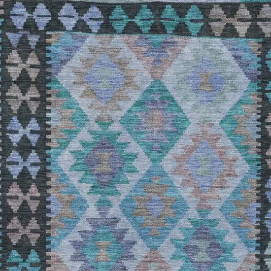 Teal Blue Charcoal And Copper Tribal Washable Indoor Outdoor Area Rug Photo 3