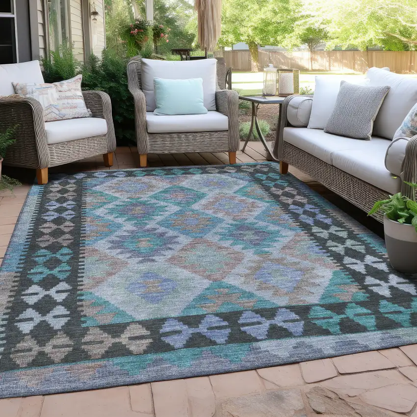 Teal Blue Charcoal And Copper Tribal Washable Indoor Outdoor Area Rug Photo 5