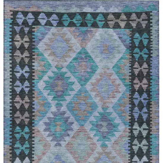 Teal Blue Charcoal And Copper Tribal Washable Indoor Outdoor Area Rug Photo 7