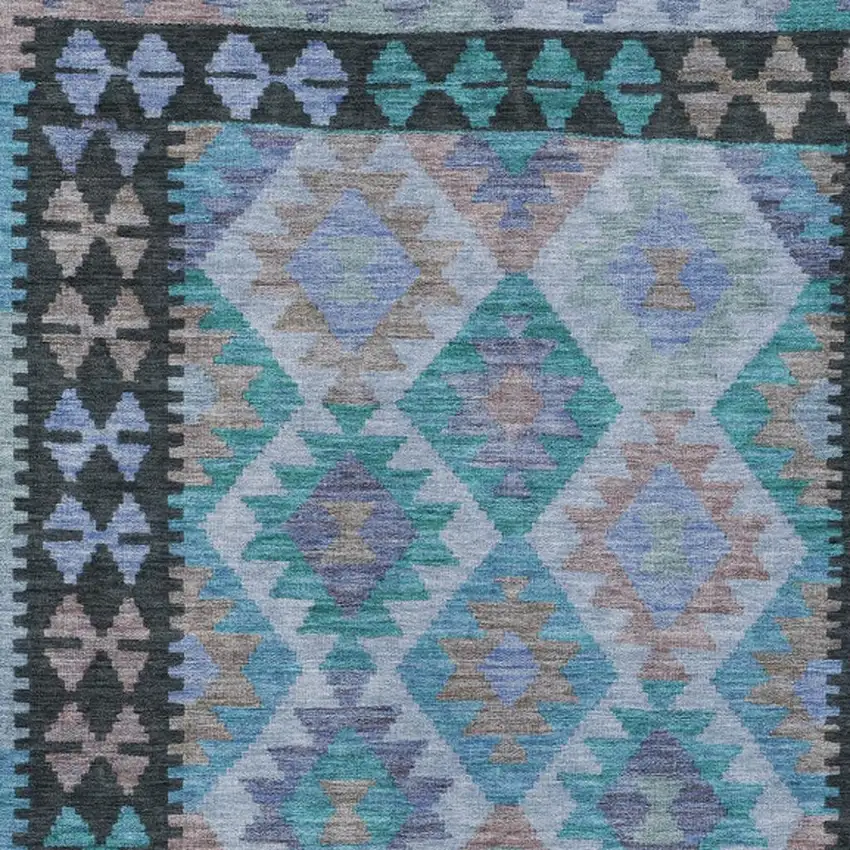Teal Blue Charcoal And Copper Tribal Washable Indoor Outdoor Area Rug Photo 3