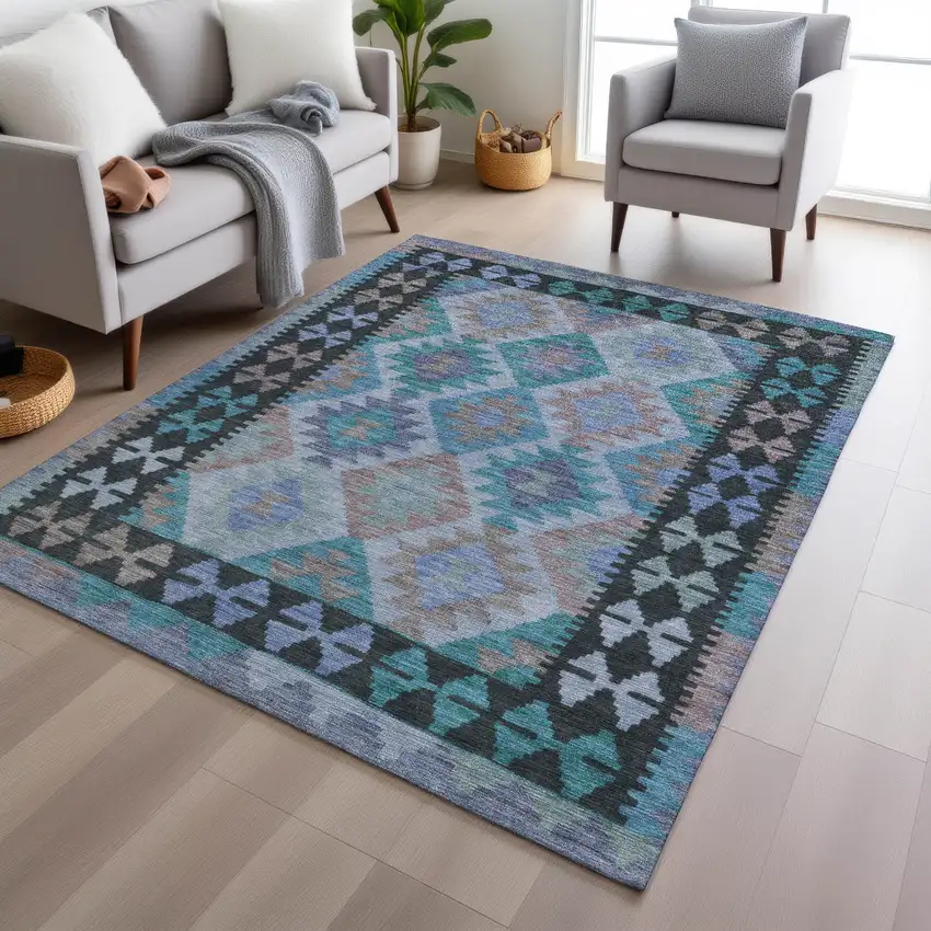 Teal Blue Charcoal And Copper Tribal Washable Indoor Outdoor Area Rug Photo 6