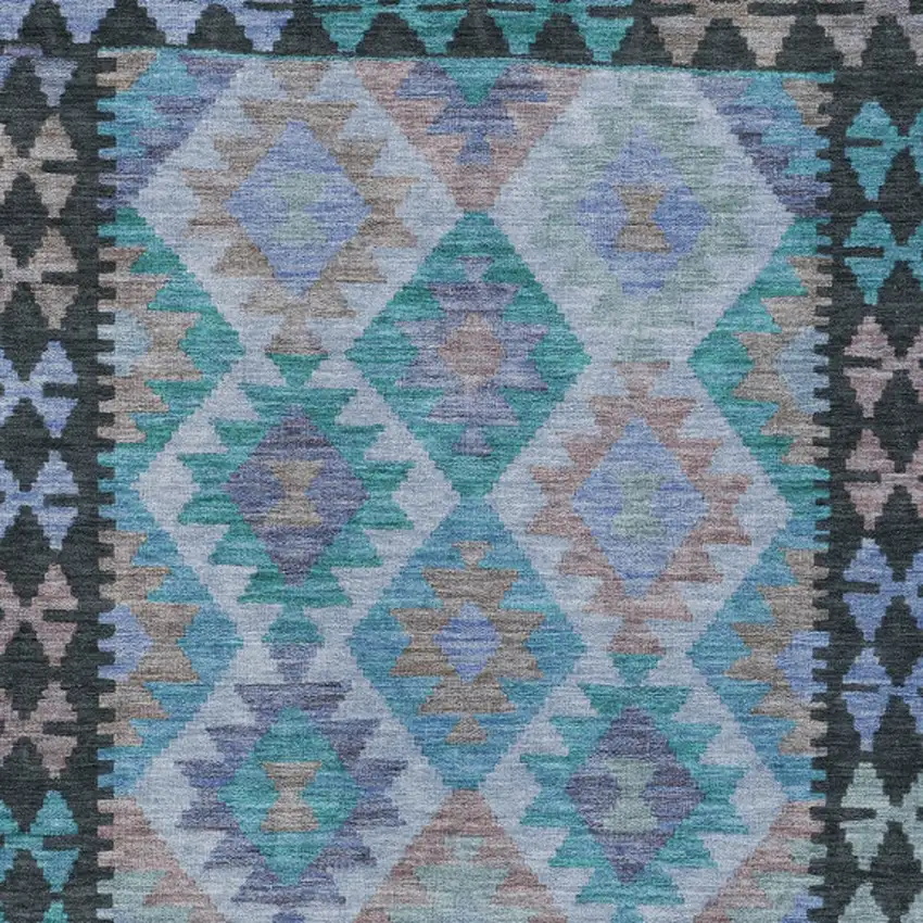 Teal Blue Charcoal And Copper Tribal Washable Indoor Outdoor Area Rug Photo 6