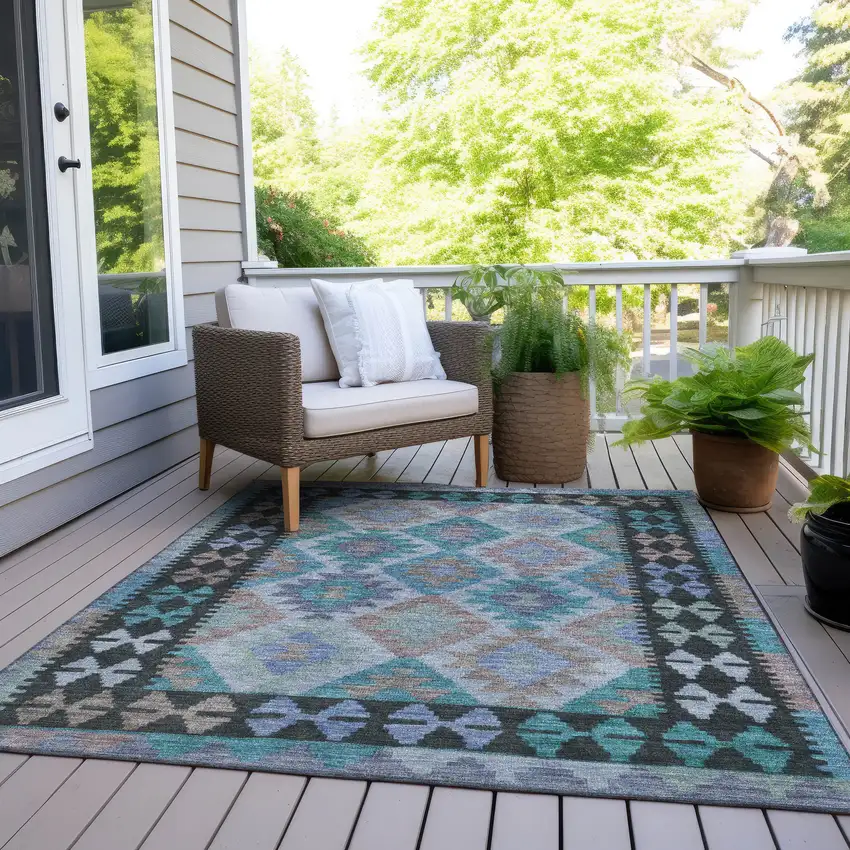 Teal Blue Charcoal And Copper Tribal Washable Indoor Outdoor Area Rug Photo 8