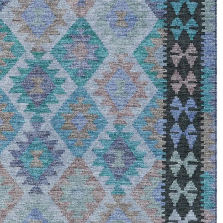 Teal Blue Charcoal And Copper Tribal Washable Indoor Outdoor Area Rug Photo 3