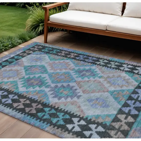 Teal Blue Charcoal And Copper Tribal Washable Indoor Outdoor Area Rug Photo 2