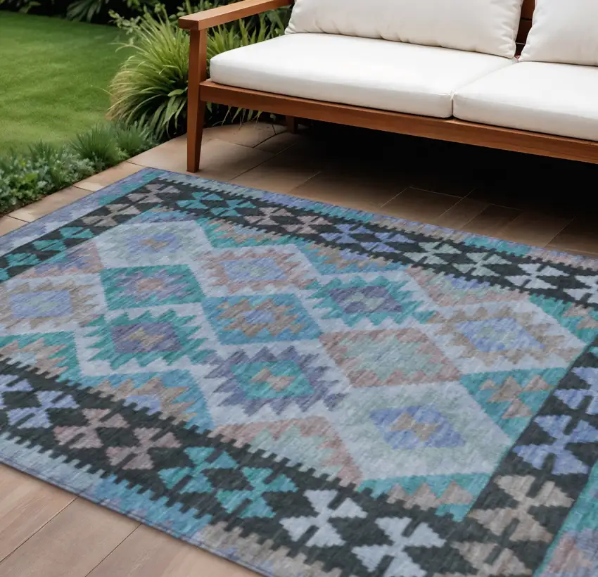 Teal Blue Charcoal And Copper Tribal Washable Indoor Outdoor Area Rug Photo 2