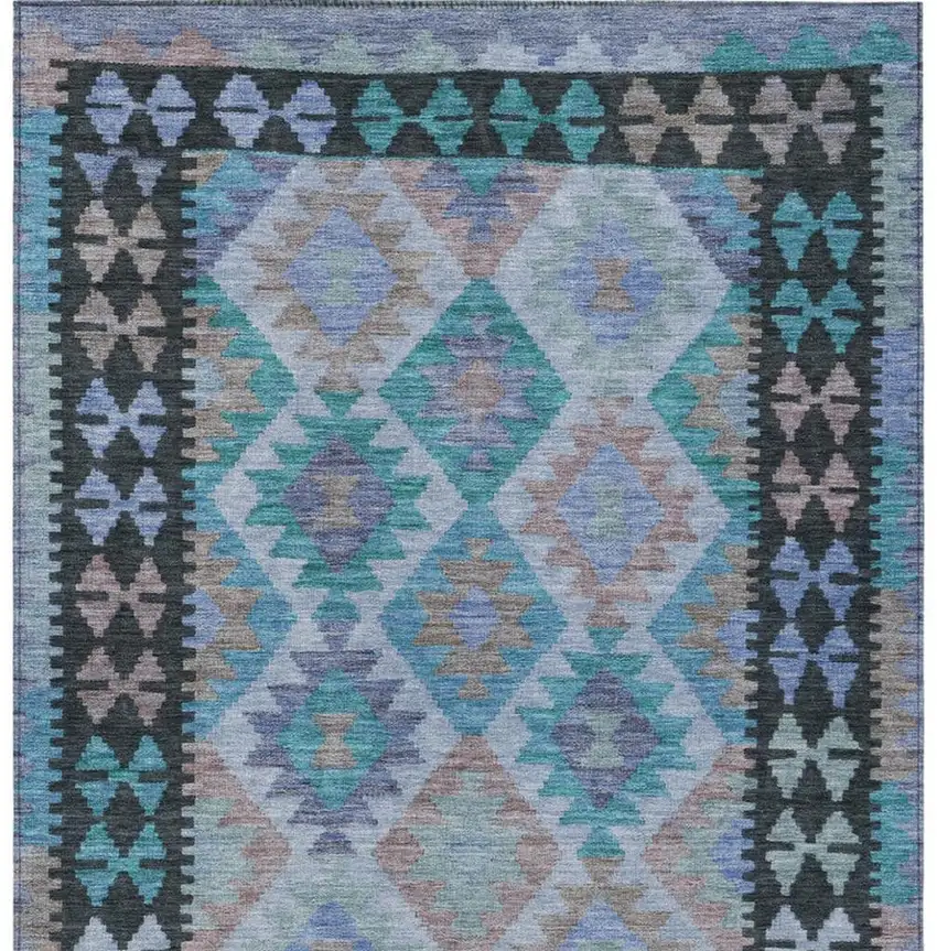 Teal Blue Charcoal And Copper Tribal Washable Indoor Outdoor Area Rug Photo 4