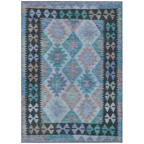 Teal Blue Charcoal And Copper Tribal Washable Indoor Outdoor Area Rug Photo 1
