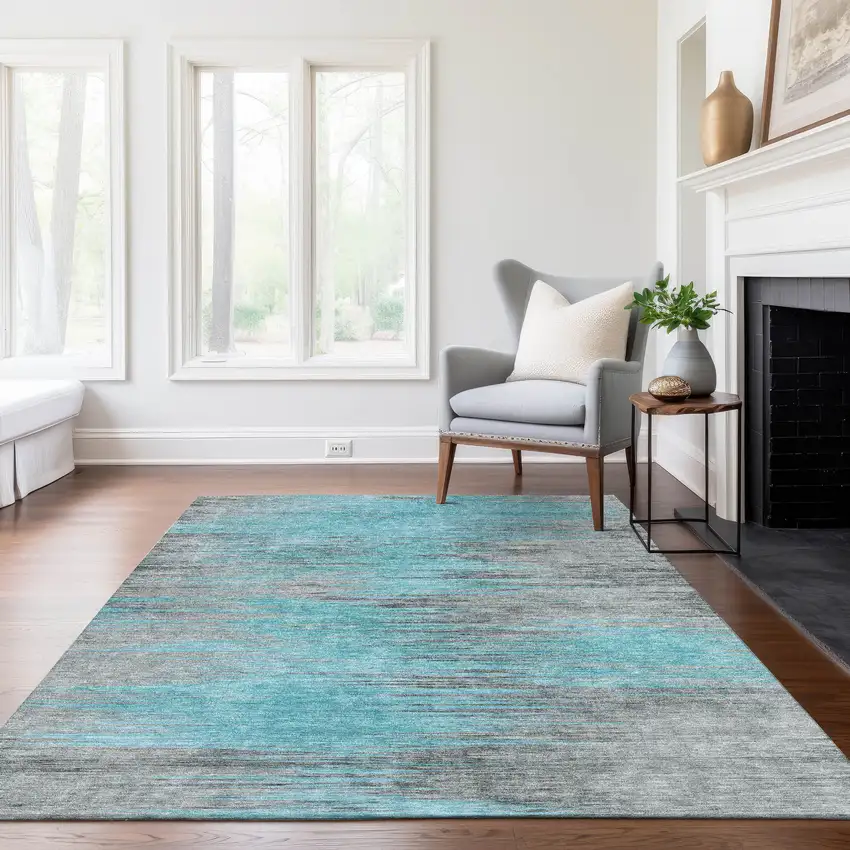 Teal Blue Charcoal And Gray Abstract Washable Indoor Outdoor Area Rug Photo 9