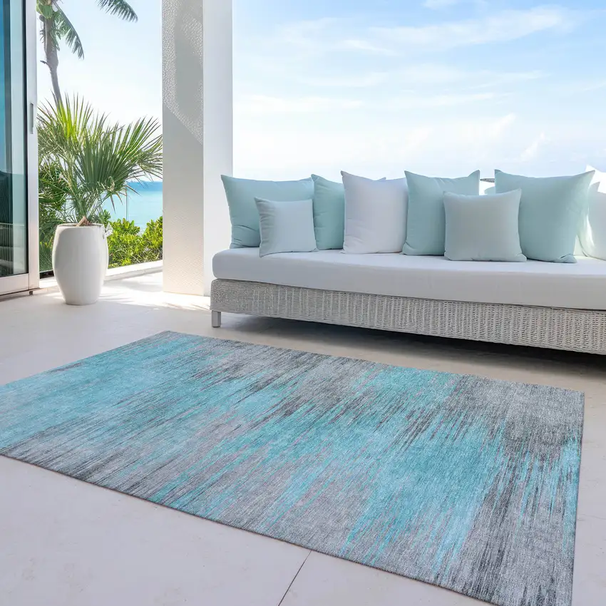 Teal Blue Charcoal And Gray Abstract Washable Indoor Outdoor Area Rug Photo 8