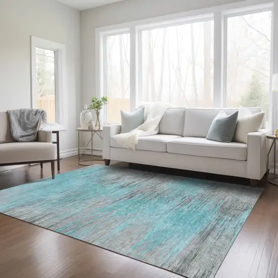 Teal Blue Charcoal And Gray Abstract Washable Indoor Outdoor Area Rug Photo 9
