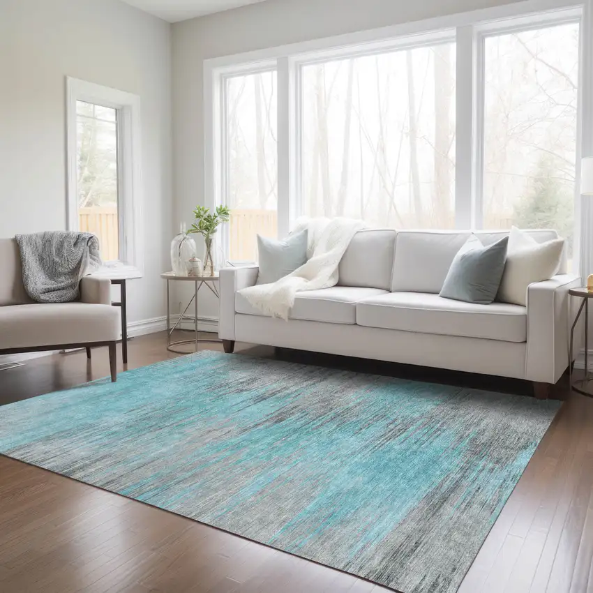 Teal Blue Charcoal And Gray Abstract Washable Indoor Outdoor Area Rug Photo 9