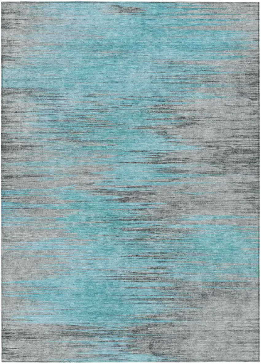Teal Blue Charcoal And Gray Abstract Washable Indoor Outdoor Area Rug Photo 2