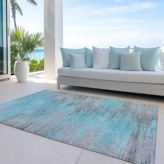 Teal Blue Charcoal And Gray Abstract Washable Indoor Outdoor Area Rug Photo 8