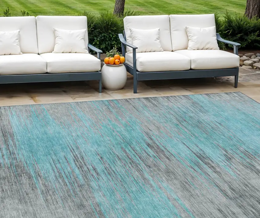 Teal Blue Charcoal And Gray Abstract Washable Indoor Outdoor Area Rug Photo 1