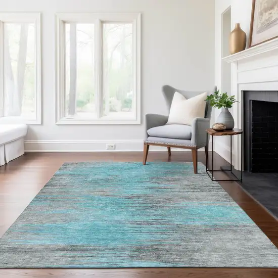 Teal Blue Charcoal And Gray Abstract Washable Indoor Outdoor Area Rug Photo 9