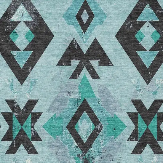 Teal Blue Charcoal And Pale Aqua Aztec Washable Indoor Outdoor Area Rug Photo 3