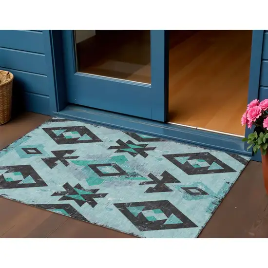 Teal Blue Charcoal And Pale Aqua Aztec Washable Indoor Outdoor Area Rug Photo 2