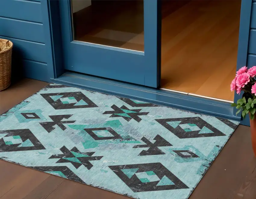 Teal Blue Charcoal And Pale Aqua Aztec Washable Indoor Outdoor Area Rug Photo 2