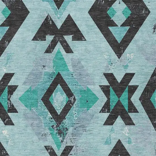 Teal Blue Charcoal And Pale Aqua Aztec Washable Indoor Outdoor Area Rug Photo 3