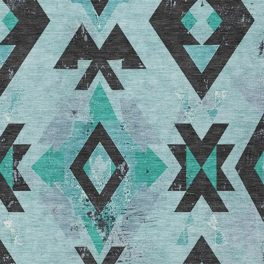 Teal Blue Charcoal And Pale Aqua Aztec Washable Indoor Outdoor Area Rug Photo 3