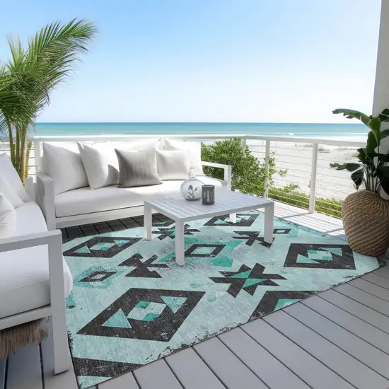 Teal Blue Charcoal And Pale Aqua Aztec Washable Indoor Outdoor Area Rug Photo 5