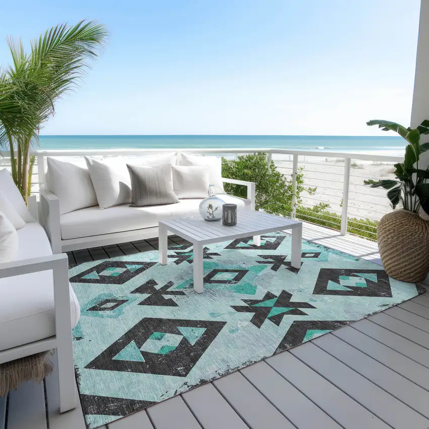Teal Blue Charcoal And Pale Aqua Aztec Washable Indoor Outdoor Area Rug Photo 5