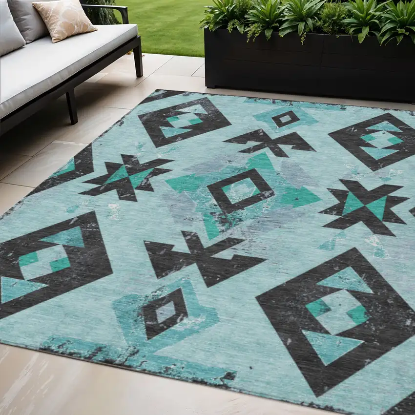 Teal Blue Charcoal And Pale Aqua Aztec Washable Indoor Outdoor Area Rug Photo 2