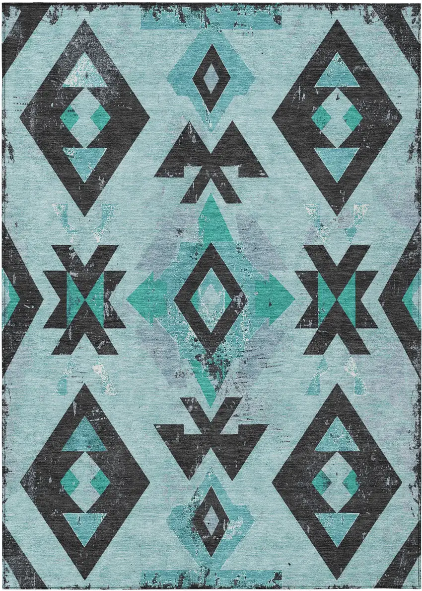 Teal Blue Charcoal And Pale Aqua Aztec Washable Indoor Outdoor Area Rug Photo 1